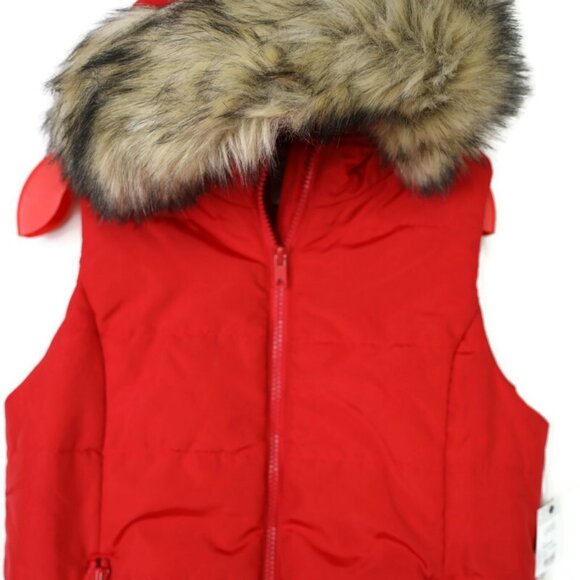 Liz Claiborne Red Quilted Puffer Vest Size L Large Fur Trim Hood Zipper - Picture 5 of 12